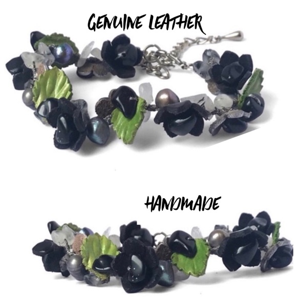 New Handmade Handcrafted Genuine Leather Flower Bracelet - Picture 1 of 5